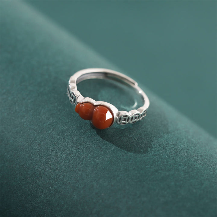 Anello di autoaccettazione con moneta di rame e zucca in argento sterling 925 con pietre Buddha Stones e agata rossa - image 1