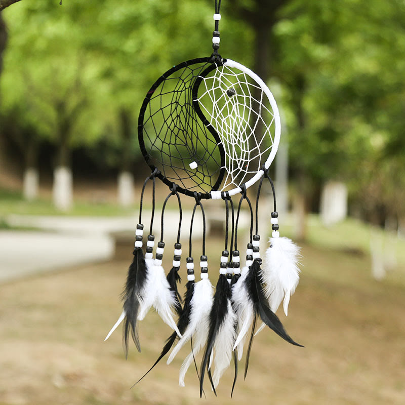 Acchiappasogni Yin Yang Rete circolare con piume Decorazione di equilibrio - image 18