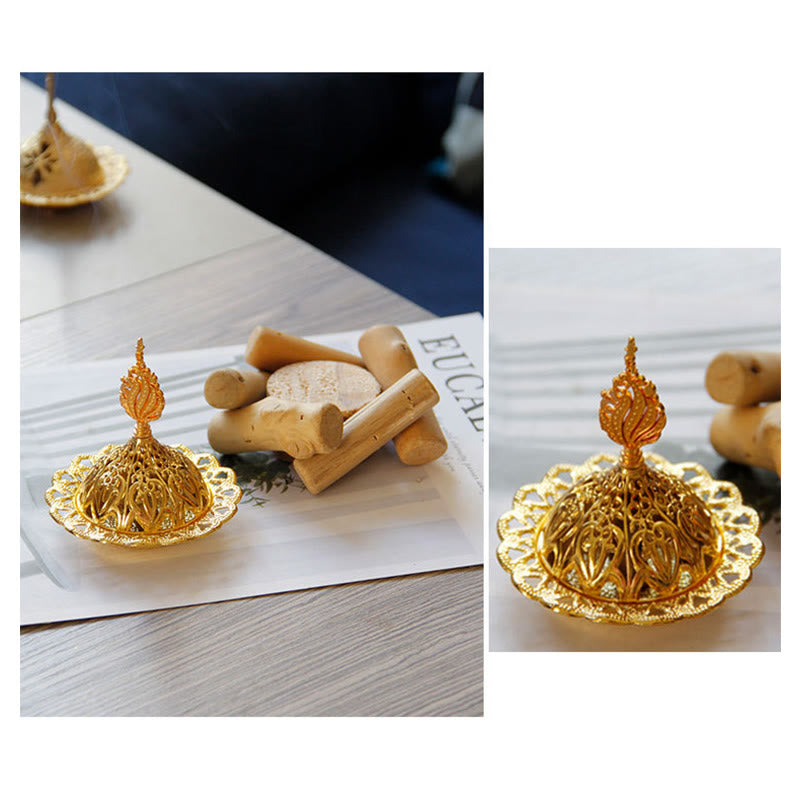 Mini bruciatore di incenso curativo in lega d'oro con sottobicchiere in legno, decorazione per la casa