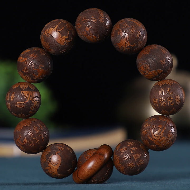 Buddha Stones Zodiaco cinese Palissandro Legno di sandalo verde Legno di ebano Moneta di rame intagliata Bracciale calmo - Zodiaco cinese intagliato in palissandro - image 2