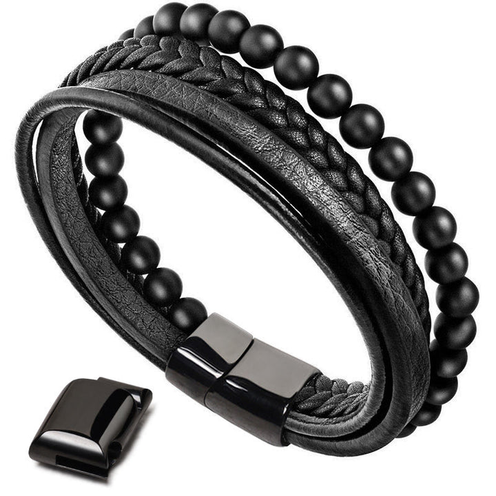Bracciale in pelle con perline di onice nero e roccia lavica naturale Buddha Stones