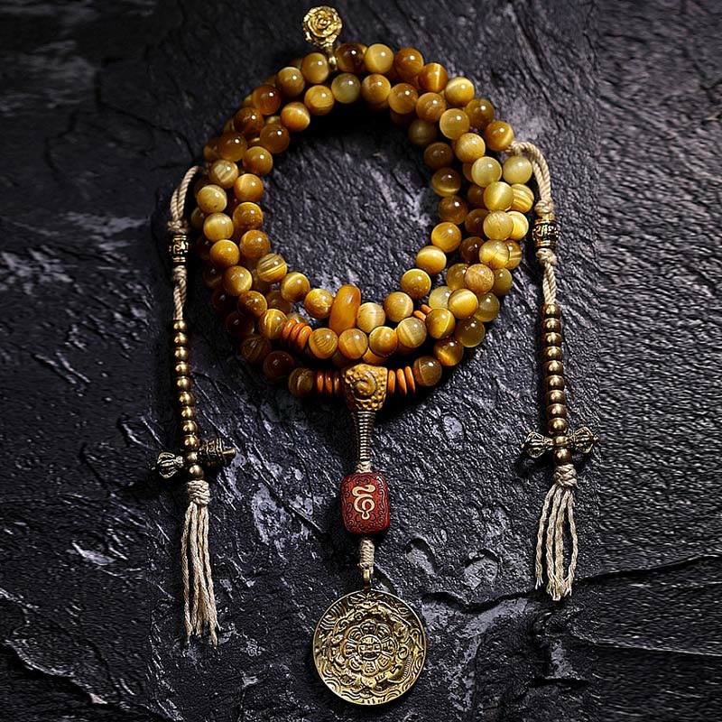 Buddha Stones 108 Mala Beads Natural Tiger Eye Rame Dorje Protezione Nappa Bracciale