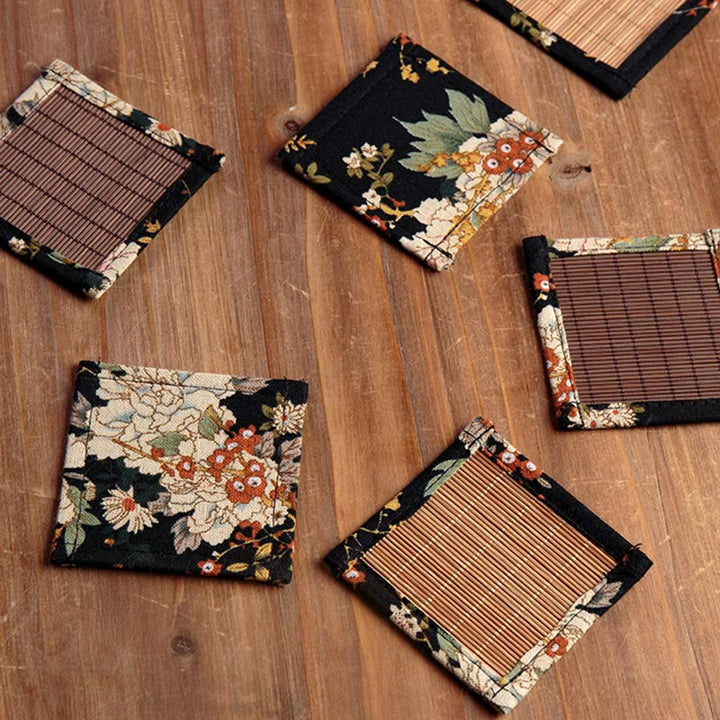 Buddha Stones Vintage Peony Flower Blossom Bamboo Cup Mat Pad Tea Cup Coaster Kung Fu Tea Mat