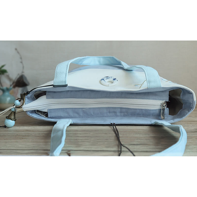Borsa a tracolla grande capacità in tela con ricamo in bambù, prugna, fiore di pera, pesco - image 13