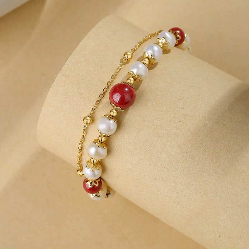 Bracciale a catena a doppio strato con perle di cinabro e argento sterling 925 Buddha Stones - image 1