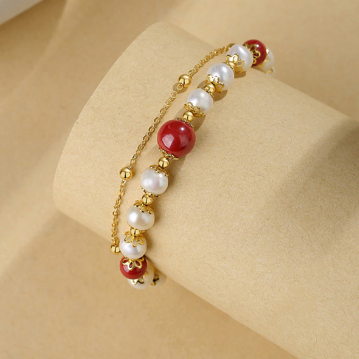 Bracciale a catena a doppio strato con perle di cinabro e argento sterling 925 Buddha Stones - image 1