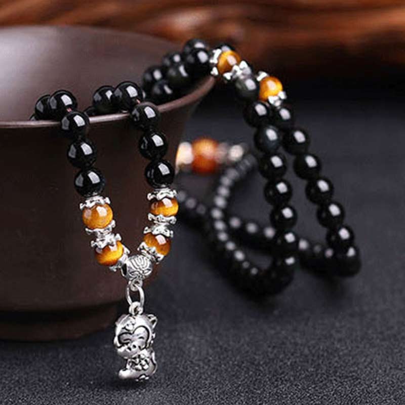 Bracciale Mala della Fortuna con 108 Perle dello Zodiaco Cinese e Occhio di Tigre in Ossidiana Nera