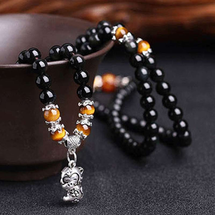 Bracciale Mala della Fortuna con 108 Perle dello Zodiaco Cinese e Occhio di Tigre in Ossidiana Nera