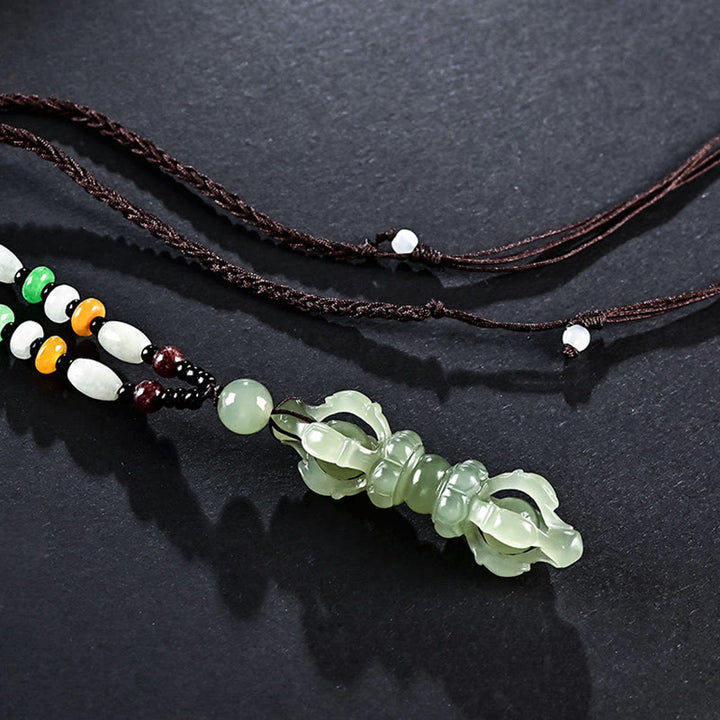 Collana con ciondolo di successo inciso Dorje Vajra in giada ciano naturale tibetana e giada bianca - image 7