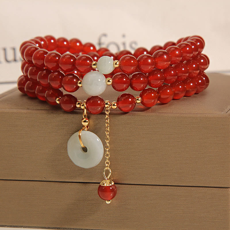 Braccialetto triplo giro con fibbia della pace in agata rossa naturale Buddha Stones Jade Peace