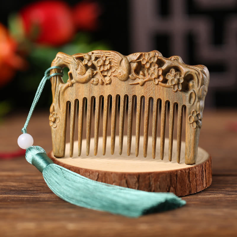 Pettine con nappa di cura inciso a forma di fiore di peonia volpe sandalo verde