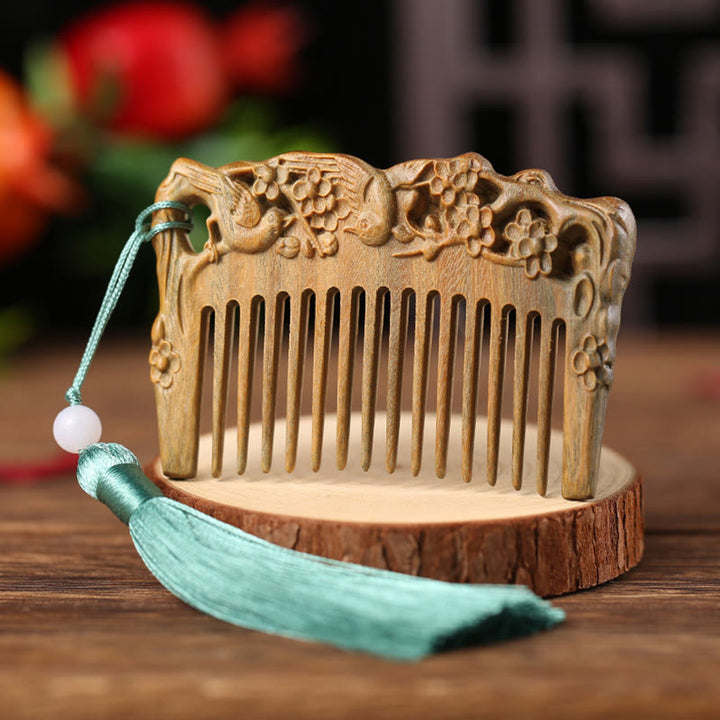 Pettine con nappa di cura inciso a forma di fiore di peonia volpe sandalo verde