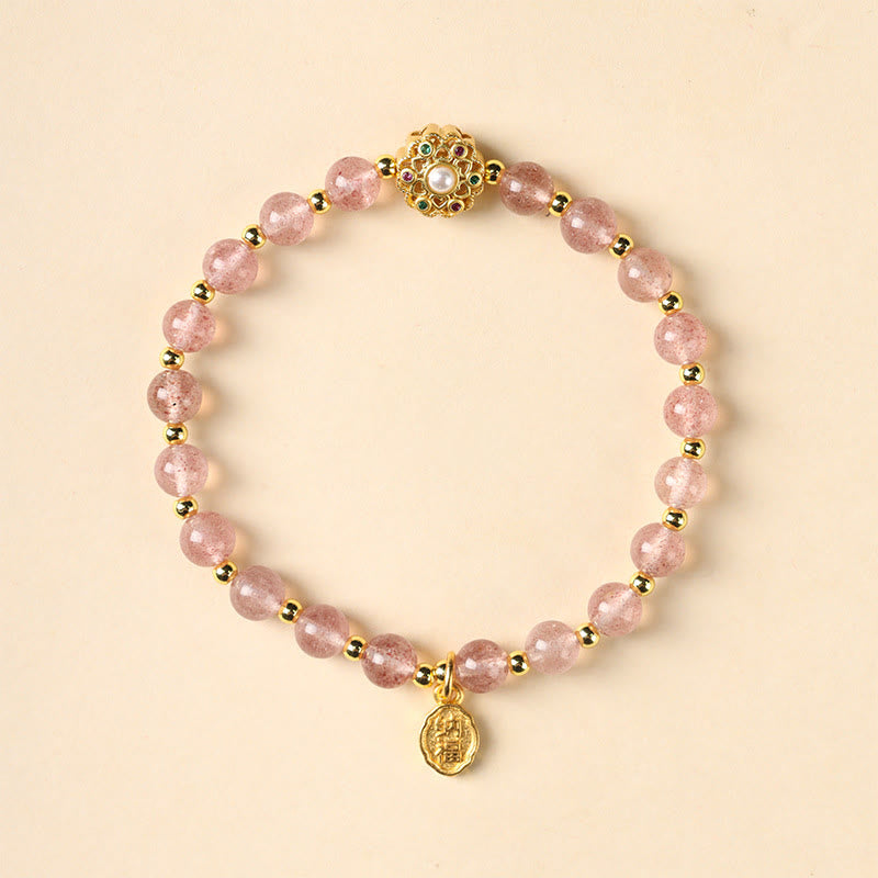 Bracciale con ciondolo positivo Fu Character Buddha Stones placcato oro 14K, quarzo fragola naturale Labradorite Sun Stone
