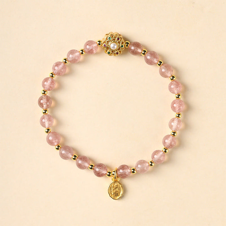 Bracciale con ciondolo positivo Fu Character Buddha Stones placcato oro 14K, quarzo fragola naturale Labradorite Sun Stone
