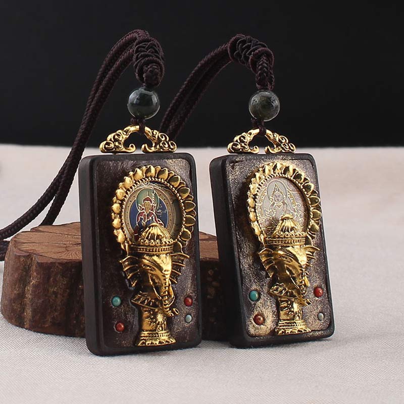 Collana con ciondolo a forma di corda con elefante in legno di ebano e dio della fortuna del Buddha - image 3