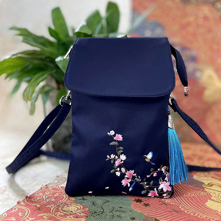 Borsa a tracolla con fiori di loto ricamati a mano, impermeabile , Buddha Stones , borsa per cellulare