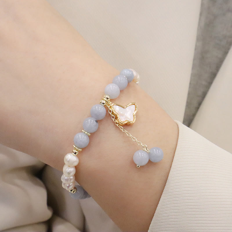 Braccialetto con ciondolo a forma di farfalla con foglia di ginkgo e perle di acquamarina naturale Buddha Stones