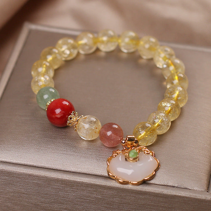 Buddha Stones Bracciale con ciondolo di protezione in giada bianca citrino naturale e quarzo fragola - image 4