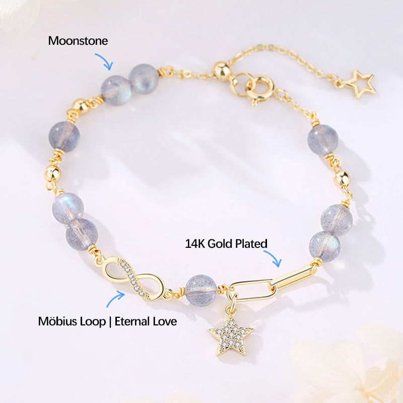 Buddha Stones 14K placcato oro naturale quarzo fragola pietra di luna Möbius Loop Eternal Love Star Bracciale positivo