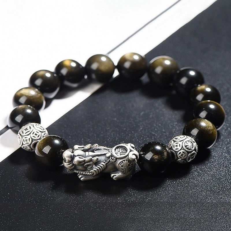 Braccialetto di protezione della ricchezza PiXiu in ossidiana naturale lucidata in argento sterling 925 Buddha Stones - 12 millimetri - image 3