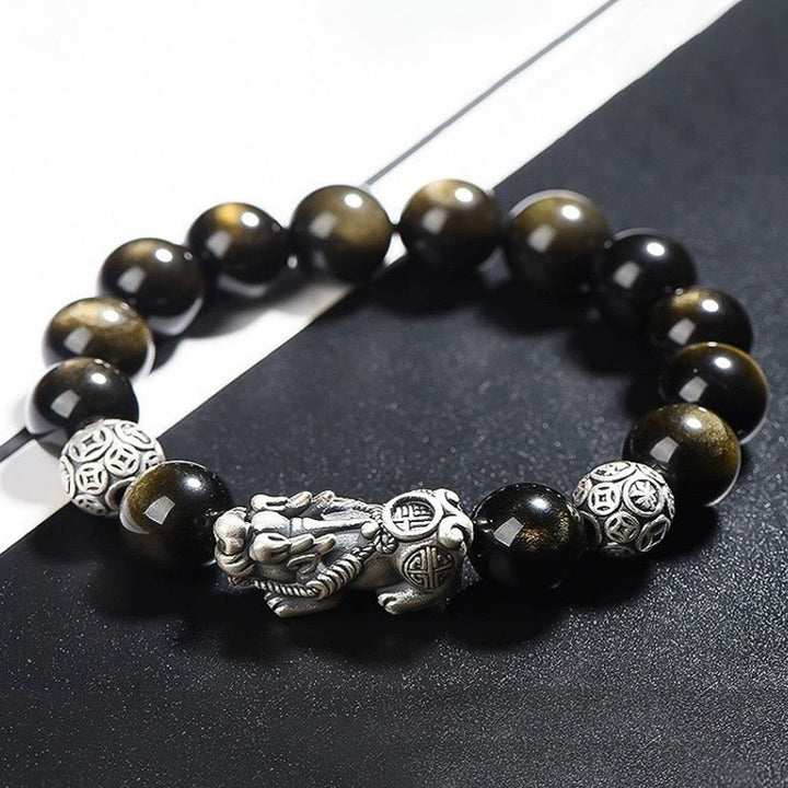 Braccialetto di protezione della ricchezza PiXiu in ossidiana naturale lucidata in argento sterling 925 Buddha Stones - 12 millimetri - image 3