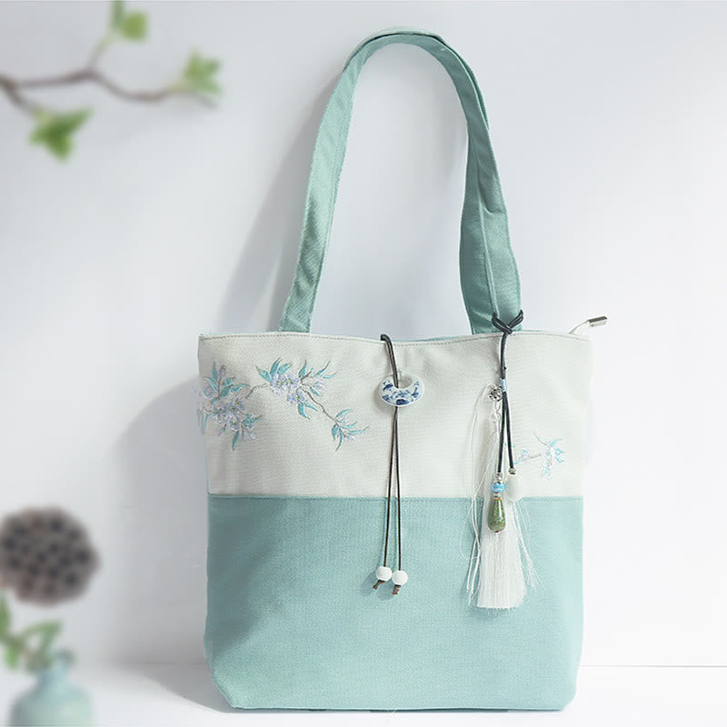 Borsa a tracolla grande capacità in tela con ricamo in bambù, prugna, fiore di pera, pesco - image 3