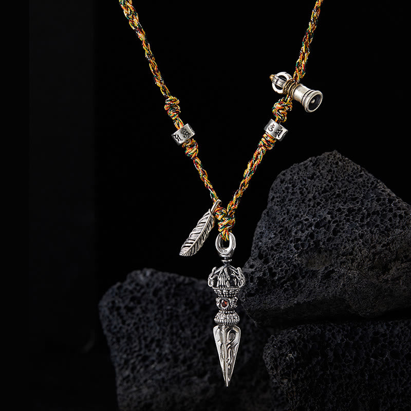 Buddha Stones Tibetano Fatto a Mano 925 Sterling Silver Dorje Vajra Om Mani Padme Hum Piuma Forza Collana Pendente - image 1