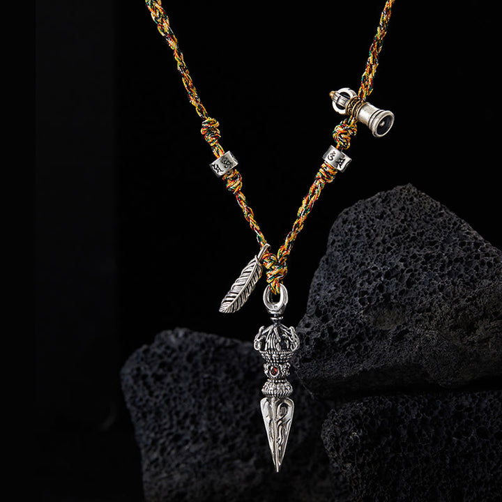 Buddha Stones Tibetano Fatto a Mano 925 Sterling Silver Dorje Vajra Om Mani Padme Hum Piuma Forza Collana Pendente - image 1