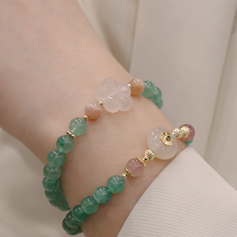 Braccialetto della gratitudine con fiore di calcedonio e quarzo fragola verde naturale Buddha Stones