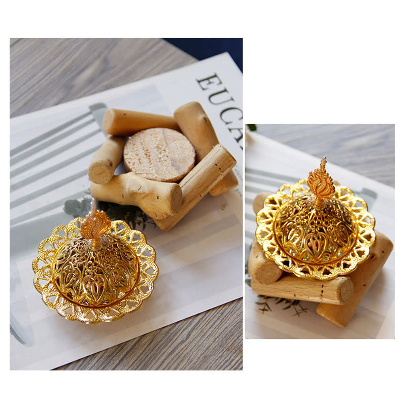 Mini bruciatore di incenso curativo in lega d'oro con sottobicchiere in legno, decorazione per la casa