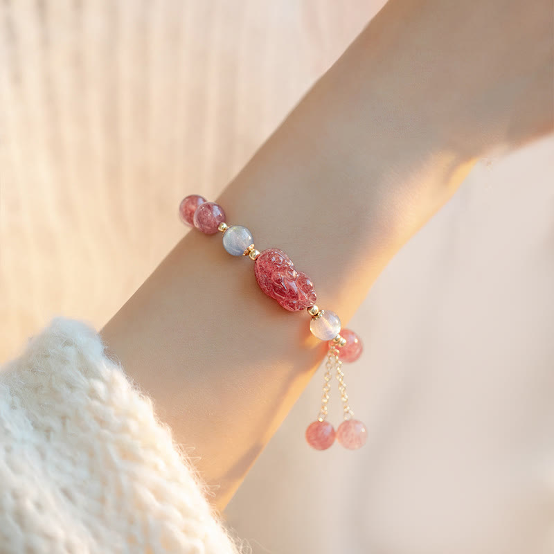Buddha Stones Natural Strawberry Quartz Moonstone Braccialetto di guarigione dell'amore PiXiu