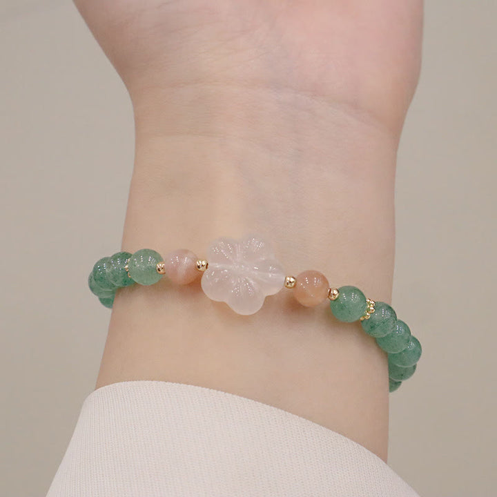 Braccialetto della gratitudine con fiore di calcedonio e quarzo fragola verde naturale Buddha Stones