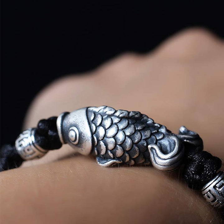 Braccialetto intrecciato con corda in argento Buddha Stones Luck Koi Fish