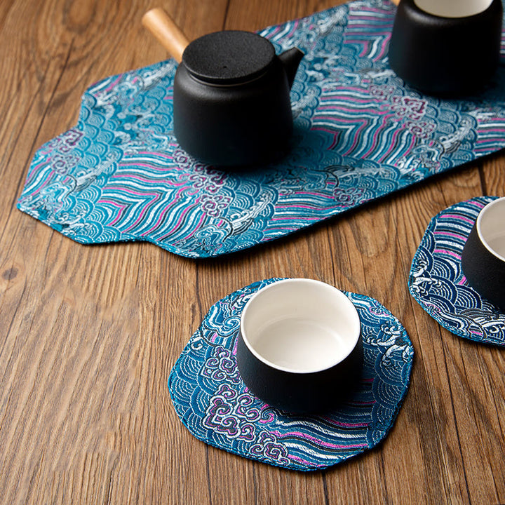 Buddha Stones Sea Wave Bamboo Plum Blossom Broccato Ricamo Sottobicchiere per tazza da tè Kung Fu Tappetino da tè
