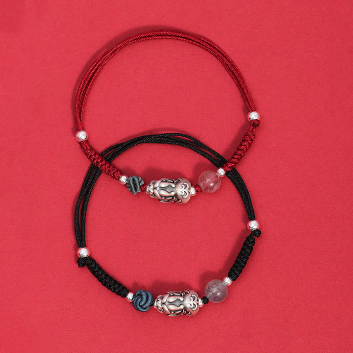 Bracciale intrecciato Buddha Stones 999 Sterling Silver PiXiu Strawberry Quartz Bead Wealth Luck - image 1