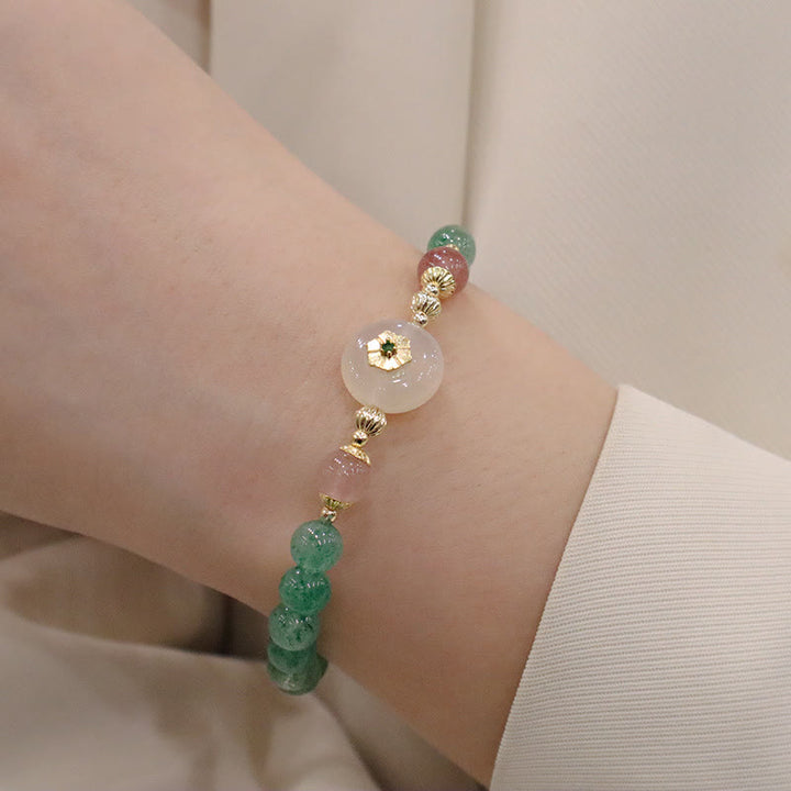 Braccialetto della gratitudine con fiore di calcedonio e quarzo fragola verde naturale Buddha Stones