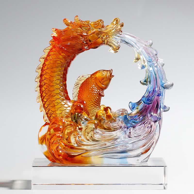 Buddha Stones Feng Shui Drago Koi Pesce Fatto a Mano Liuli Cristallo Arte Pezzo Decorazione Casa Ufficio - Base Drago e Cristallo - image 4