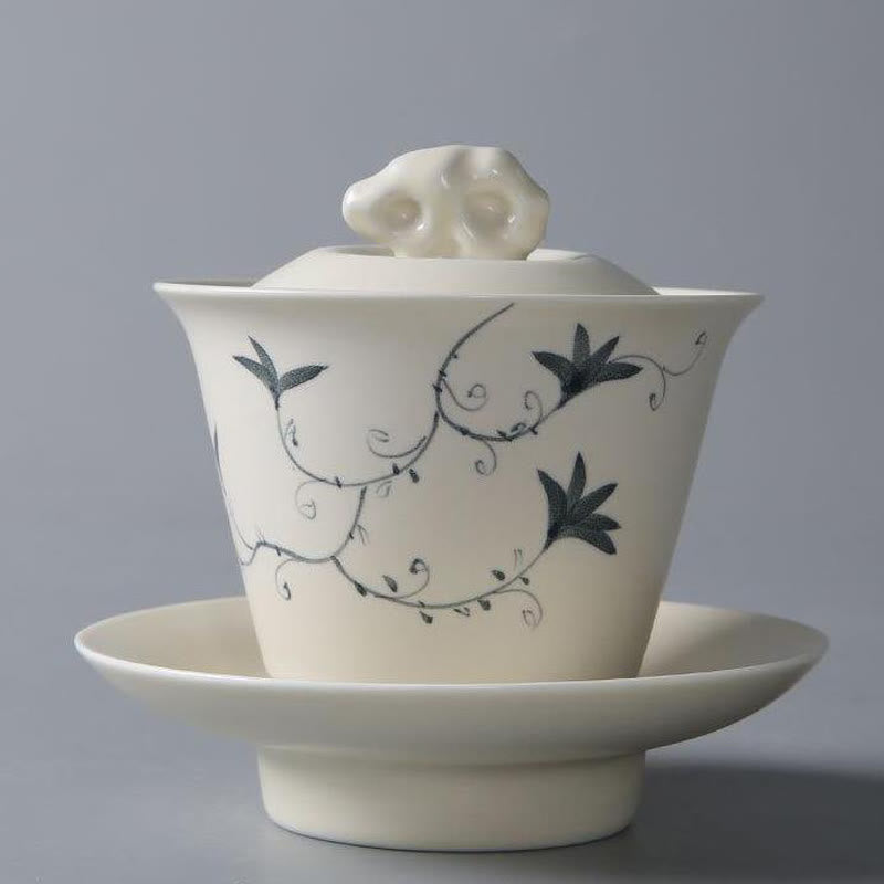 Buddha Stones dipinto a mano melograno ibisco pino loto ceramica gaiwan sancai tazza da tè kung fu tazza da tè e piattino con coperchio