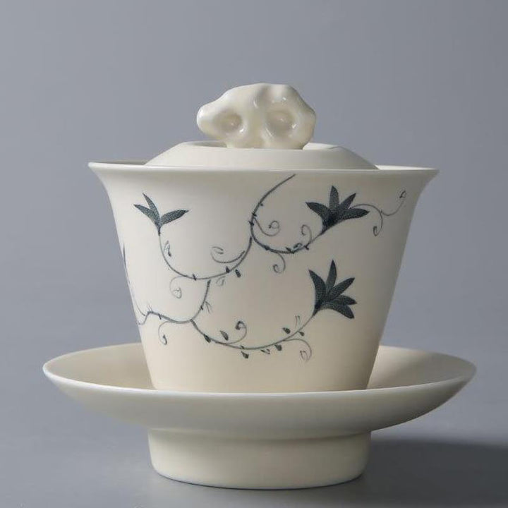 Buddha Stones dipinto a mano melograno ibisco pino loto ceramica gaiwan sancai tazza da tè kung fu tazza da tè e piattino con coperchio