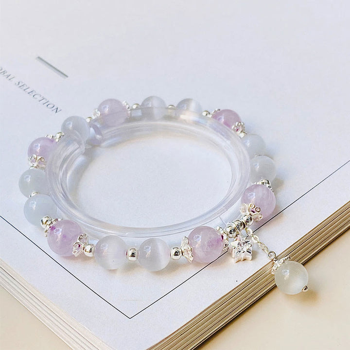 Braccialetto di consapevolezza spirituale con stella in argento sterling 925, ametista naturale e occhio di gatto , Buddha Stones - image 1