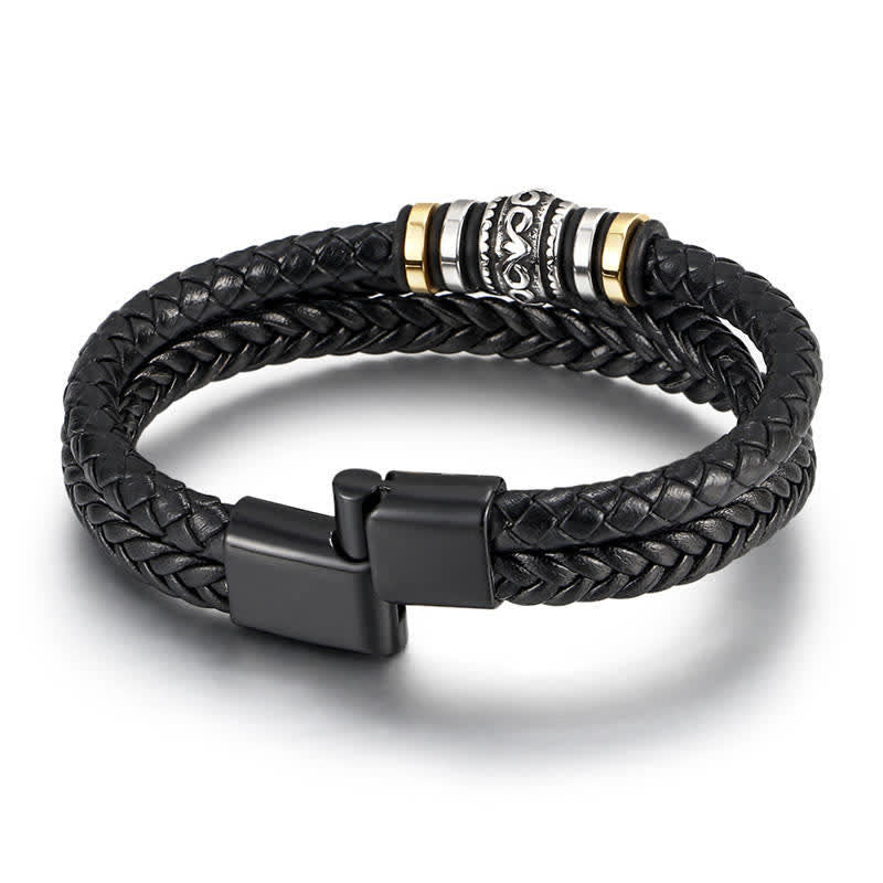Bracciale intrecciato in acciaio al titanio e pelle a strati Buddha Stones