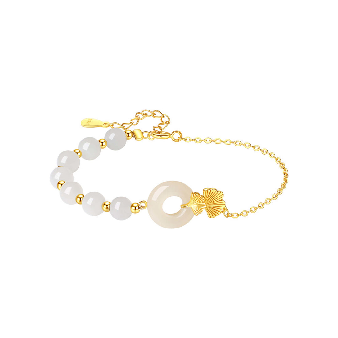 Braccialetto della fortuna con foglia di ginkgo e fibbia della pace in argento sterling 925 con Buddha Stones e giada bianca Hetian - image 9