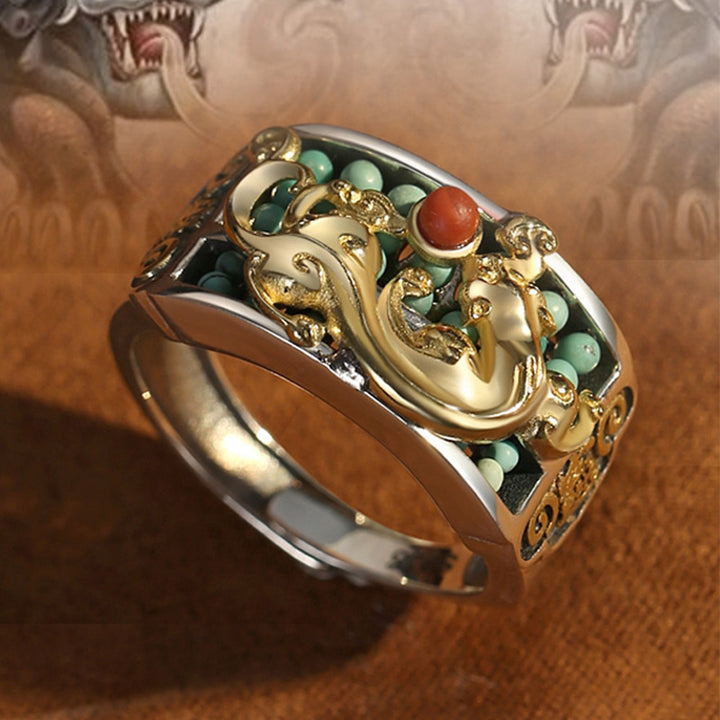 Anello di protezione PiXiu Abacus in argento sterling 925 Buddha Stones e agata rossa turchese - image 1