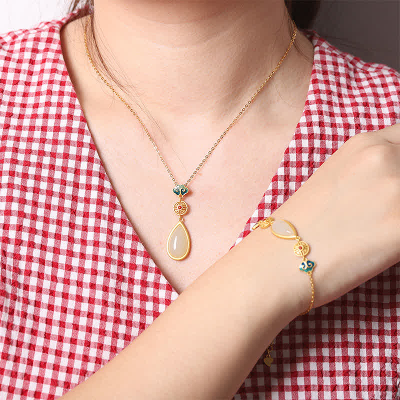 Collana con ciondolo a forma di goccia d'acqua in argento sterling 925 con giada bianca Hetian e bracciale - image 1