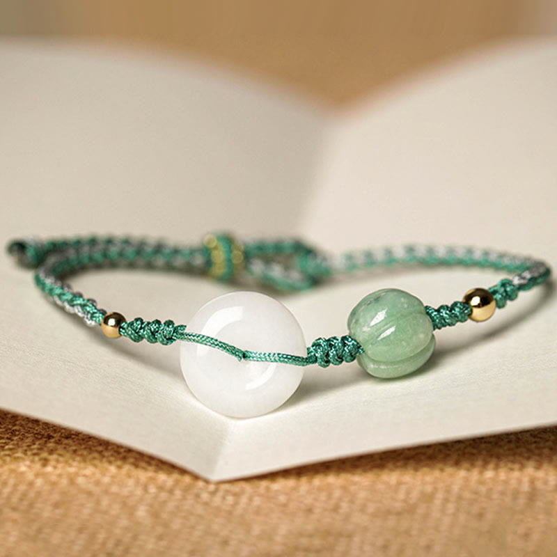 Bracciale intrecciato con perline di zucca, giada bianca, fibbia della pace, benedizione della fortuna, Buddha Stones