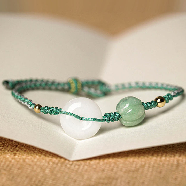 Bracciale intrecciato con perline di zucca, giada bianca, fibbia della pace, benedizione della fortuna, Buddha Stones