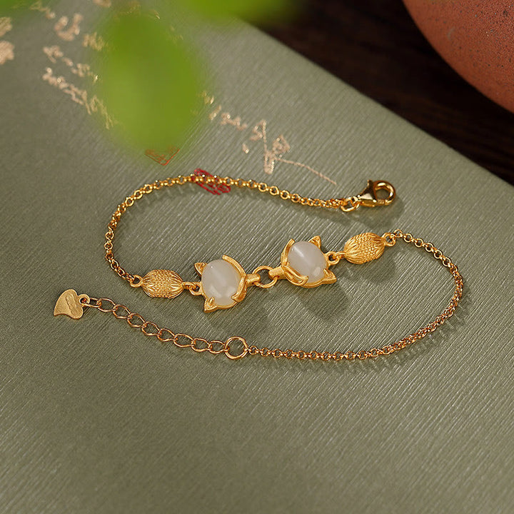 Braccialetto portafortuna con giada bianca naturale Hetian in argento sterling 925 Buddha Stones, giada ciano e volpe adorabile - image 8