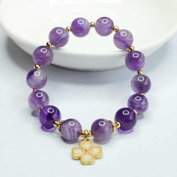 Bracciale con ciondolo a forma di quadrifoglio Buddha Stones, cristallo di ametista naturale e pace interiore
