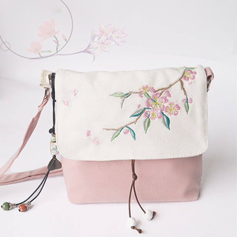 Borsa a tracolla in tela con fiori di prugna ricamati a mano , Buddha Stones, borsa a tracolla