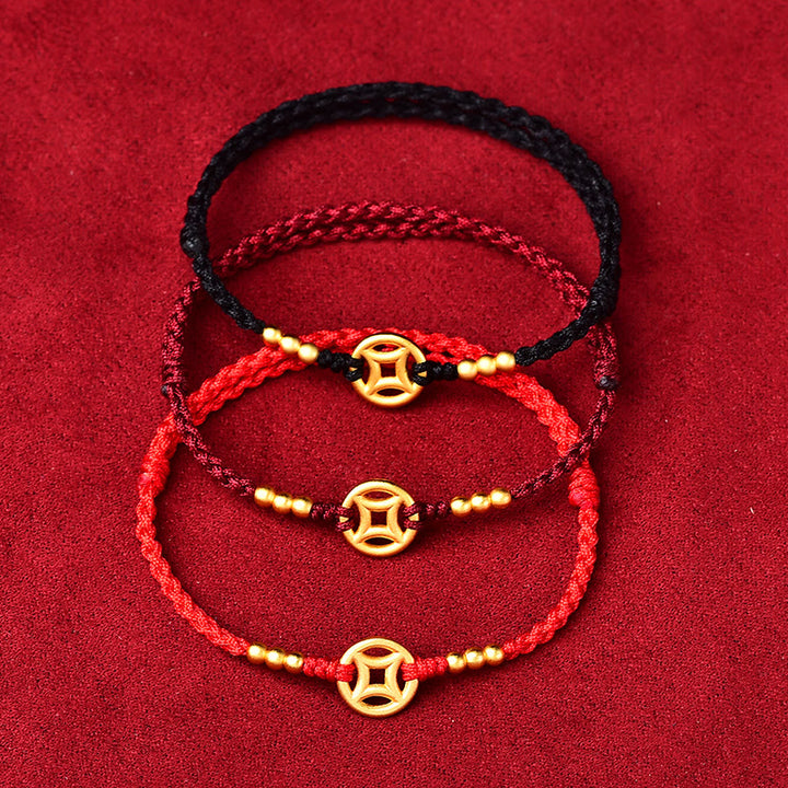 Braccialetto alla caviglia con corda intrecciata in rame con pietre Buddha Stones e moneta
